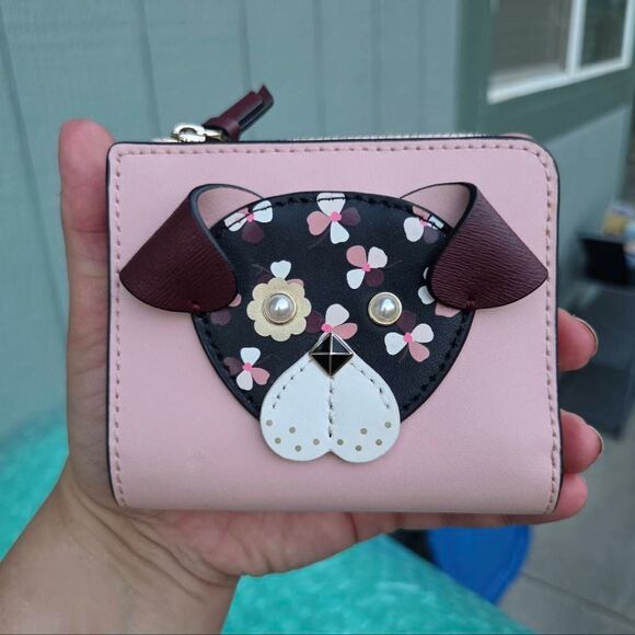 Kate Spade New York Pink Floral 3D Pup Small L-zip Bifold Wallet - Picture 1 of 9